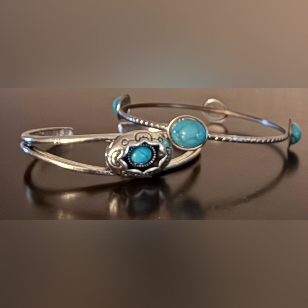 Silver Turquoise Cuff Bracelet Set | Southwestern Boho Stackable Bangles - Picture 2 of 7